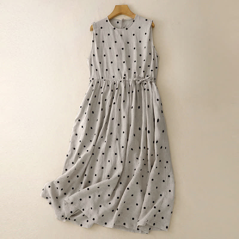 Buddha Stones Robe d'été vintage à pois et cordon de serrage pour femme, sans manches - Blanc antique - US12, UK/AU16, EU44 (2XL) - image 0