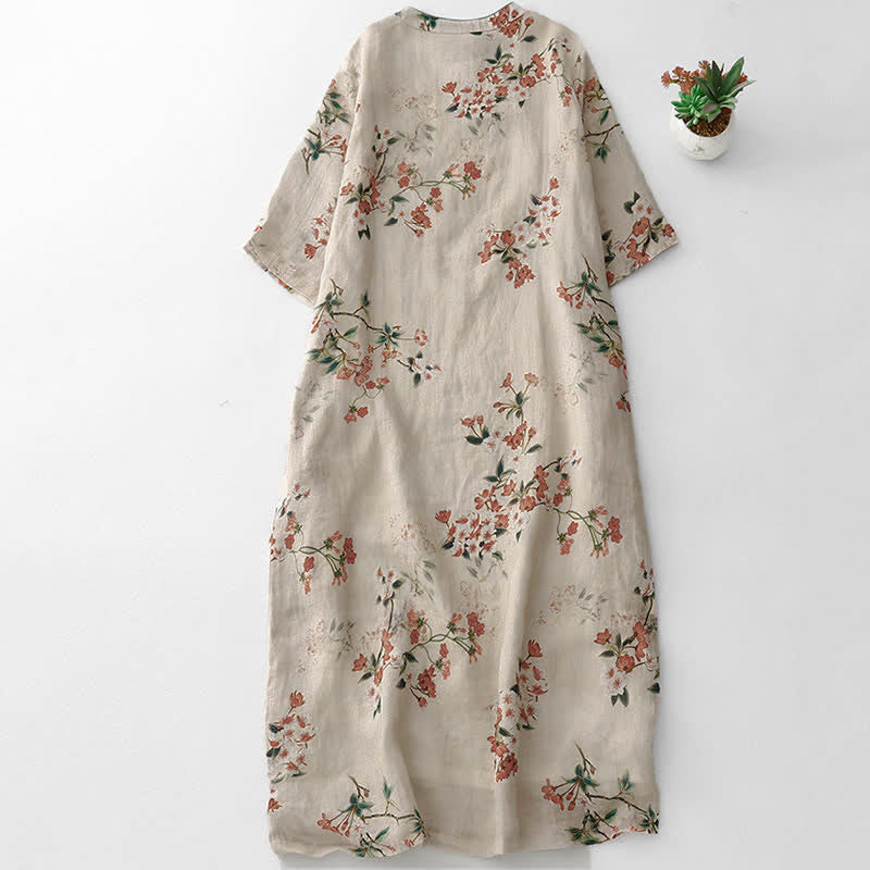 Buddha Stones Robe d'été à manches courtes pour femme, style Tang, col mandarin et petites fleurs rouges - image 1