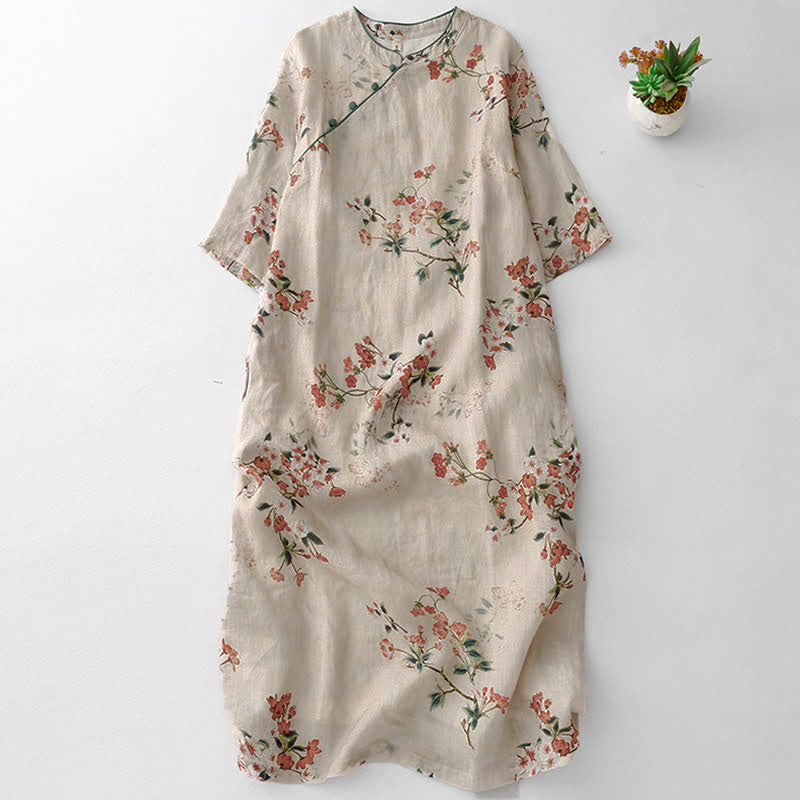 Buddha Stones Robe d'été à manches courtes pour femme, style Tang, col mandarin et petites fleurs rouges - Beige - US8-10, UK/AU12-14, EU40-42 (2XL) - image 0