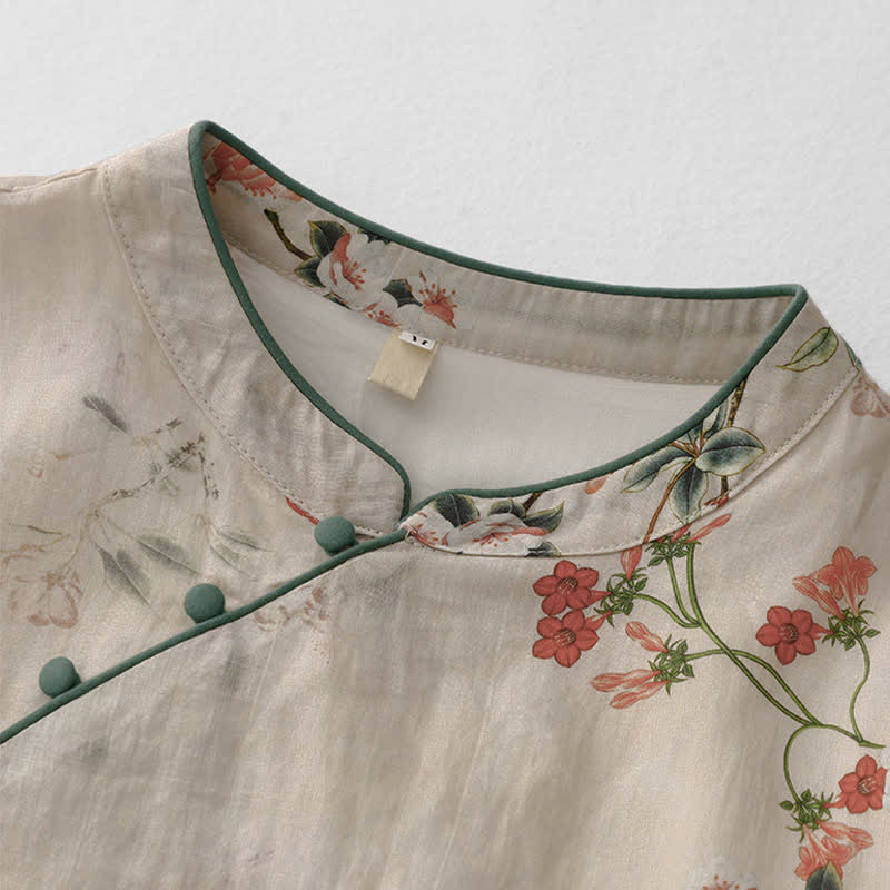 Buddha Stones Robe d'été à manches courtes pour femme, style Tang, col mandarin et petites fleurs rouges - image 3