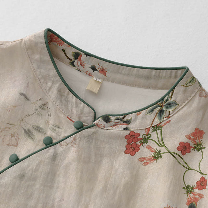 Buddha Stones Robe d'été à manches courtes pour femme, style Tang, col mandarin et petites fleurs rouges - image 3