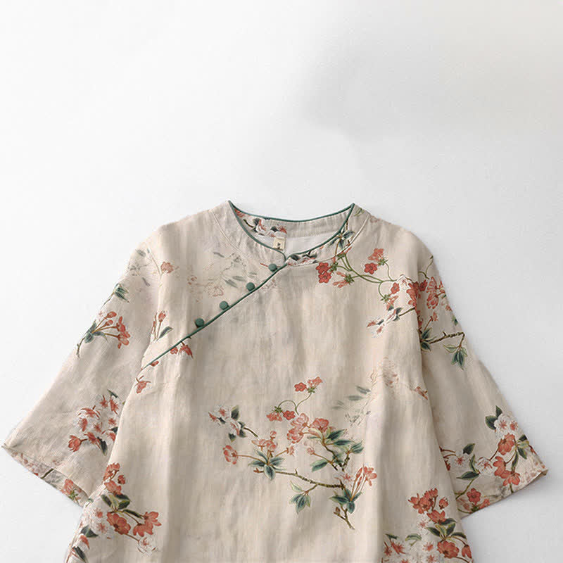 Buddha Stones Robe d'été à manches courtes pour femme, style Tang, col mandarin et petites fleurs rouges - image 2