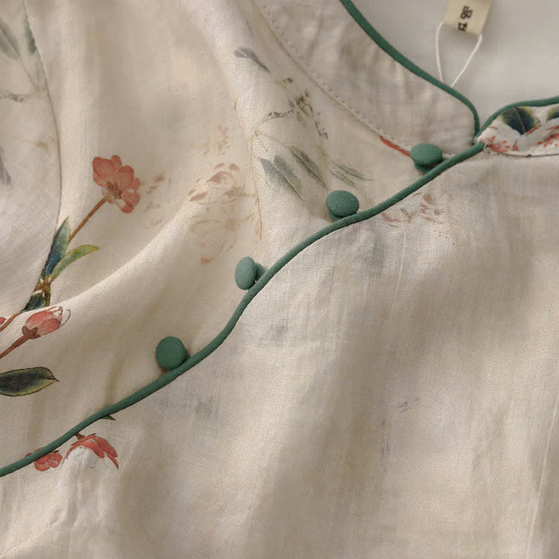 Buddha Stones Robe d'été à manches courtes pour femme, style Tang, col mandarin et petites fleurs rouges - image 4