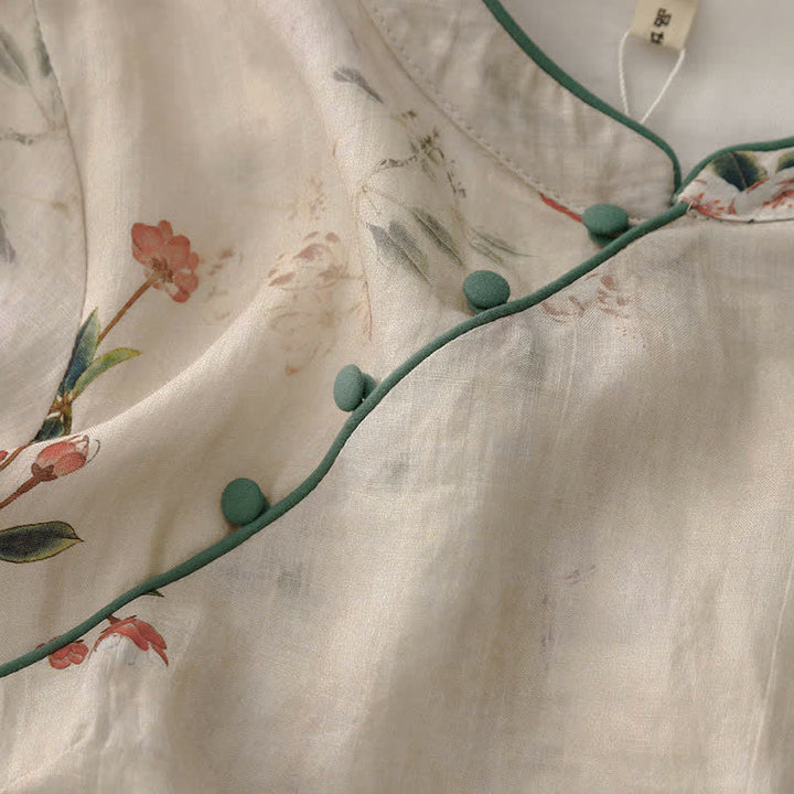 Buddha Stones Robe d'été à manches courtes pour femme, style Tang, col mandarin et petites fleurs rouges - image 4