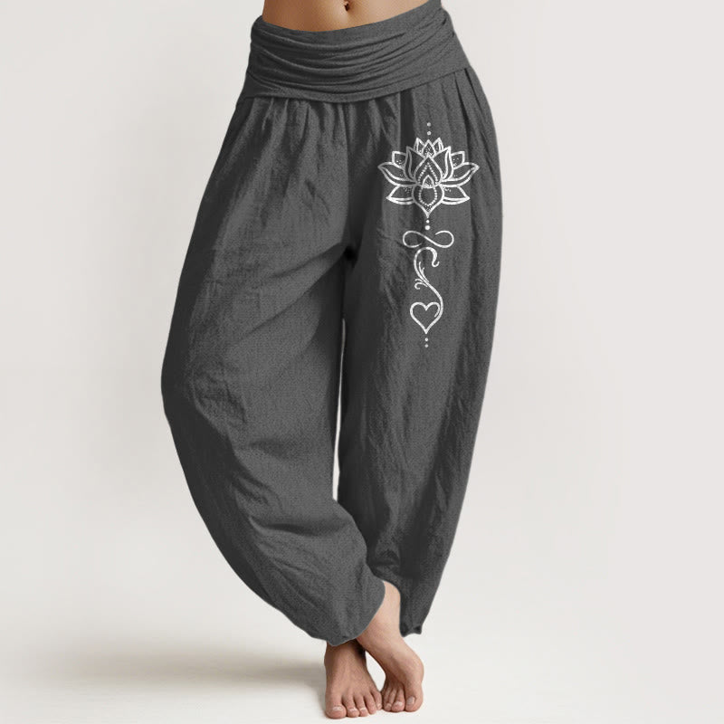 Buddha Stones Pantalon harem pour femme en pur coton à motif cœur de lotus et taille élastique - Gris terne - US16，UK/AU20，EU48 (3XL) - image 8