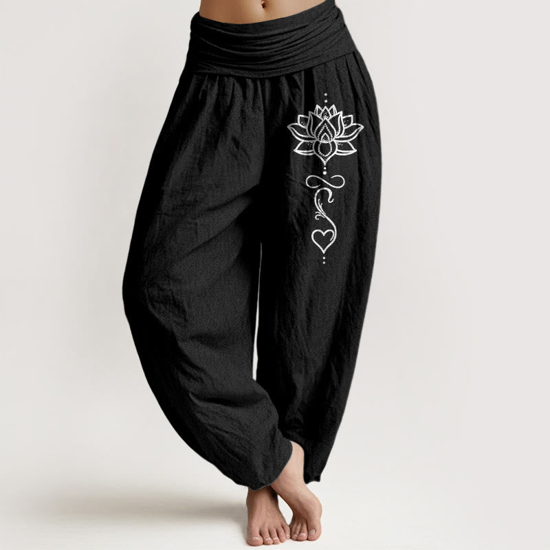 Buddha Stones Pantalon harem pour femme en pur coton à motif cœur de lotus et taille élastique - Noir - US16，UK/AU20，EU48 (3XL) - image 0