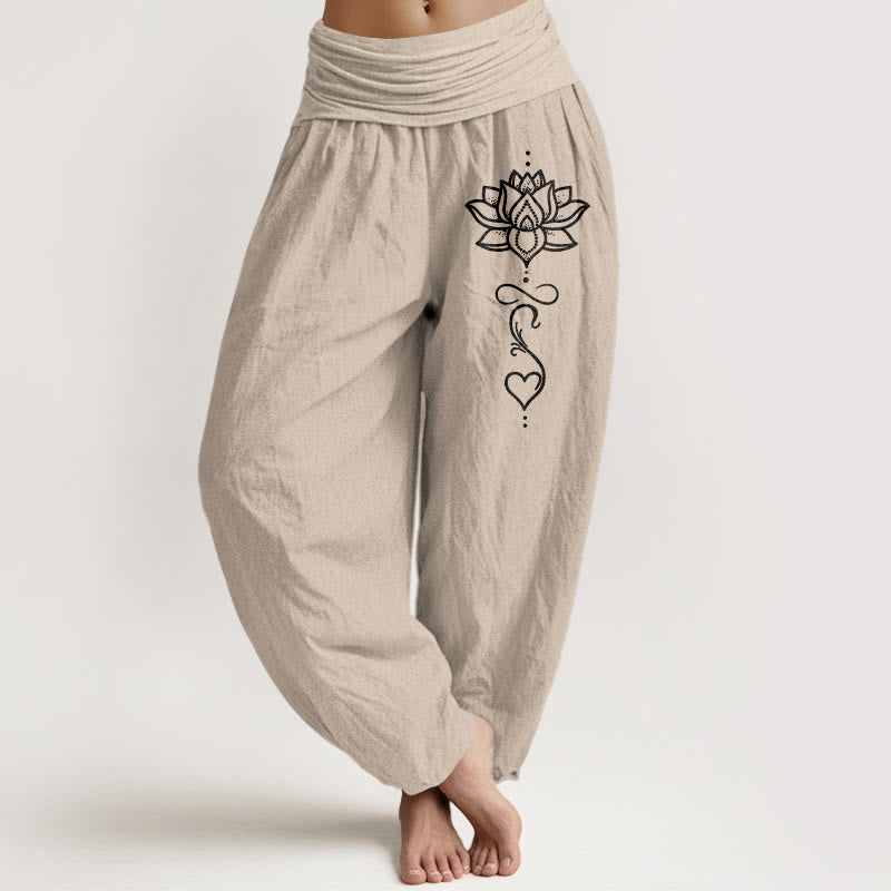 Buddha Stones Pantalon harem pour femme en pur coton à motif cœur de lotus et taille élastique - Tanné - US16，UK/AU20，EU48 (3XL) - image 11