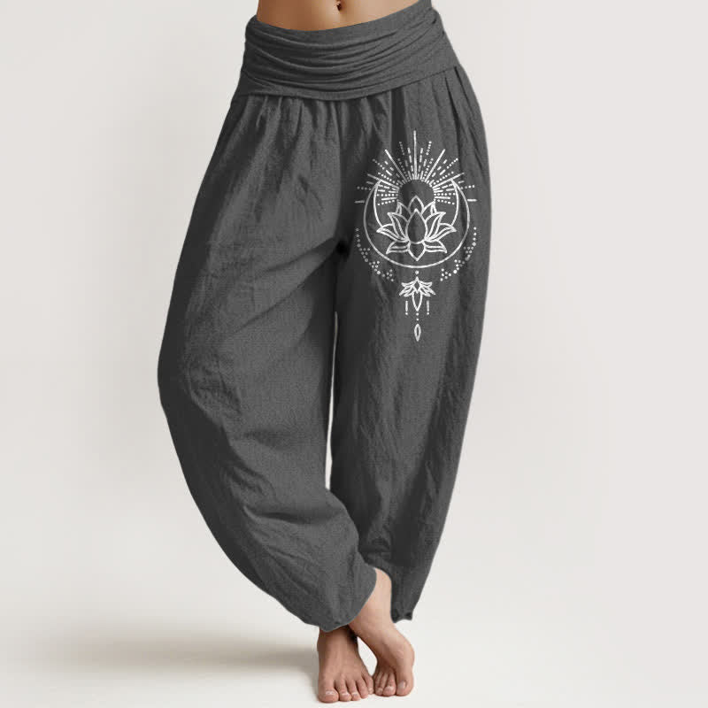 Buddha Stones Pantalon harem pour femme en pur coton à motif lotus et taille élastique - Gris sombre - US16，UK/AU20，EU48 (3XL) - image 11