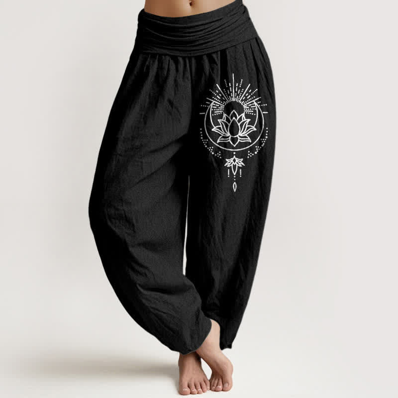 Buddha Stones Pantalon harem pour femme en pur coton à motif lotus et taille élastique - Noir - US16，UK/AU20，EU48 (3XL) - image 5