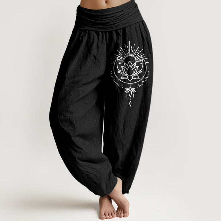Buddha Stones Pantalon harem pour femme en pur coton à motif lotus et taille élastique - Noir - US16，UK/AU20，EU48 (3XL) - image 5