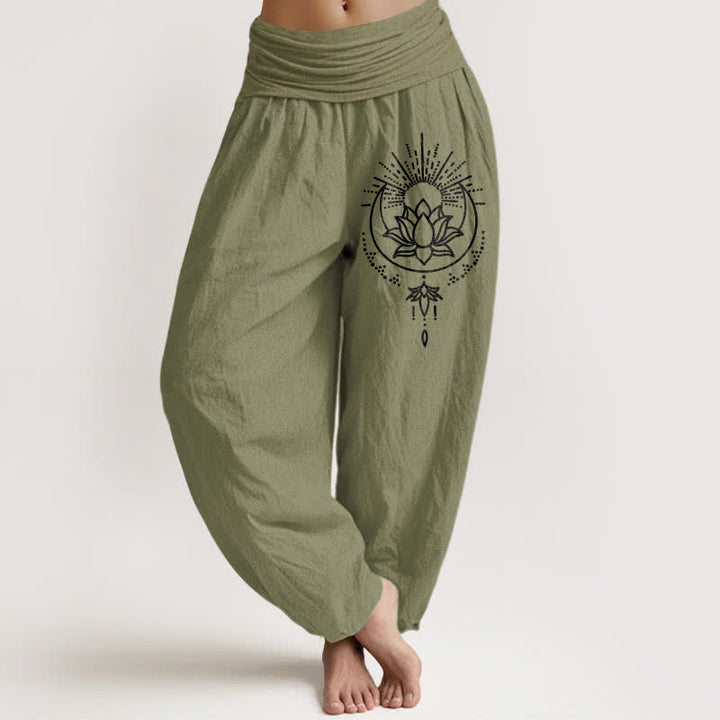 Buddha Stones Pantalon harem pour femme en pur coton à motif lotus et taille élastique - Vert olive - US16，UK/AU20，EU48 (3XL) - image 14