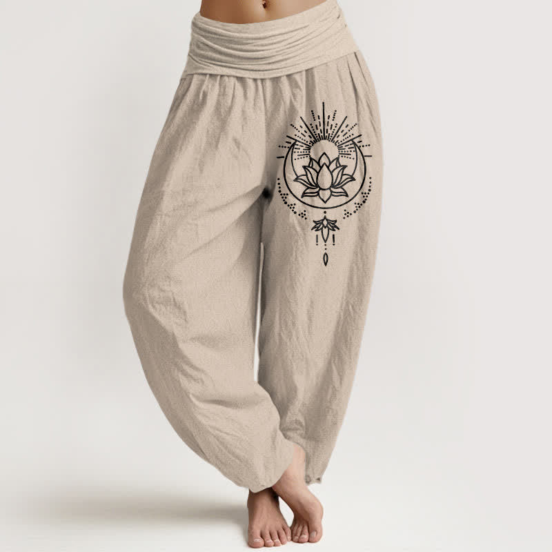 Buddha Stones Pantalon harem pour femme en pur coton à motif lotus et taille élastique - Tanné - US16，UK/AU20，EU48 (3XL) - image 0