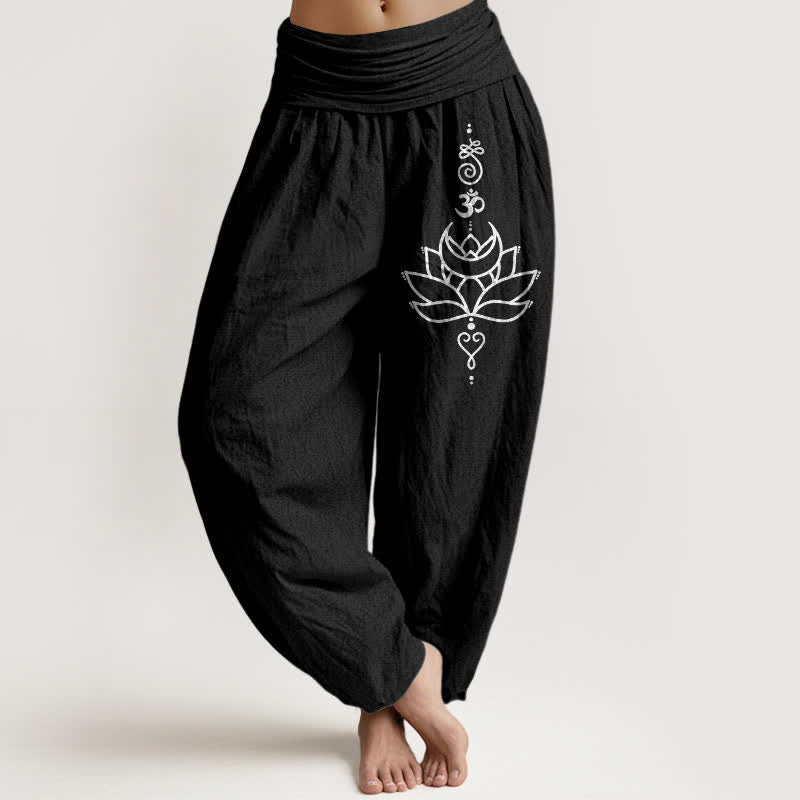 Buddha Stones Pantalon harem pour femme en pur coton à motif lotus et taille élastique - Noir - US16，UK/AU20，EU48 (3XL) - image 5