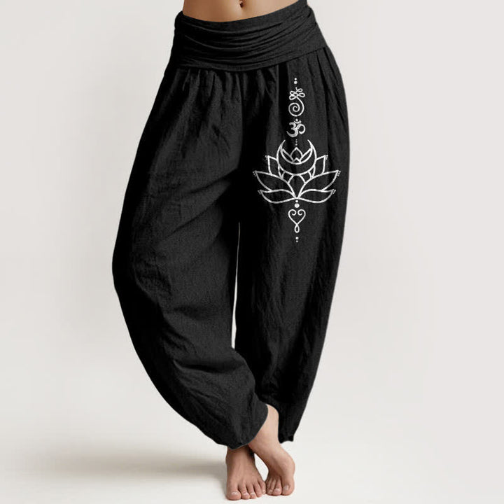 Buddha Stones Pantalon harem pour femme en pur coton à motif lotus et taille élastique - Noir - US16，UK/AU20，EU48 (3XL) - image 5