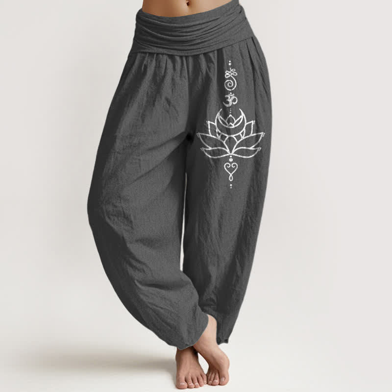 Buddha Stones Pantalon harem pour femme en pur coton à motif lotus et taille élastique - Gris sombre - US16，UK/AU20，EU48 (3XL) - image 8