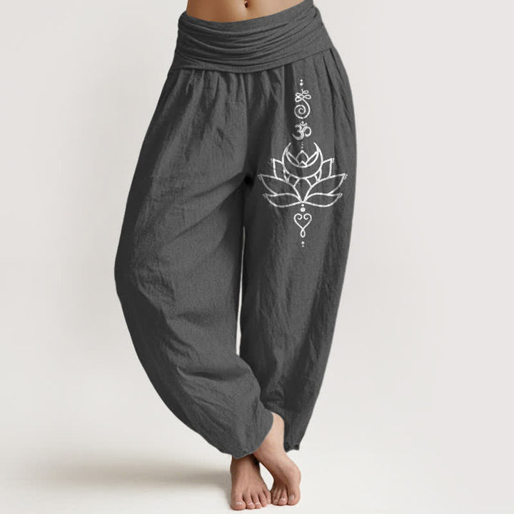 Buddha Stones Pantalon harem pour femme en pur coton à motif lotus et taille élastique - Gris sombre - US16，UK/AU20，EU48 (3XL) - image 8