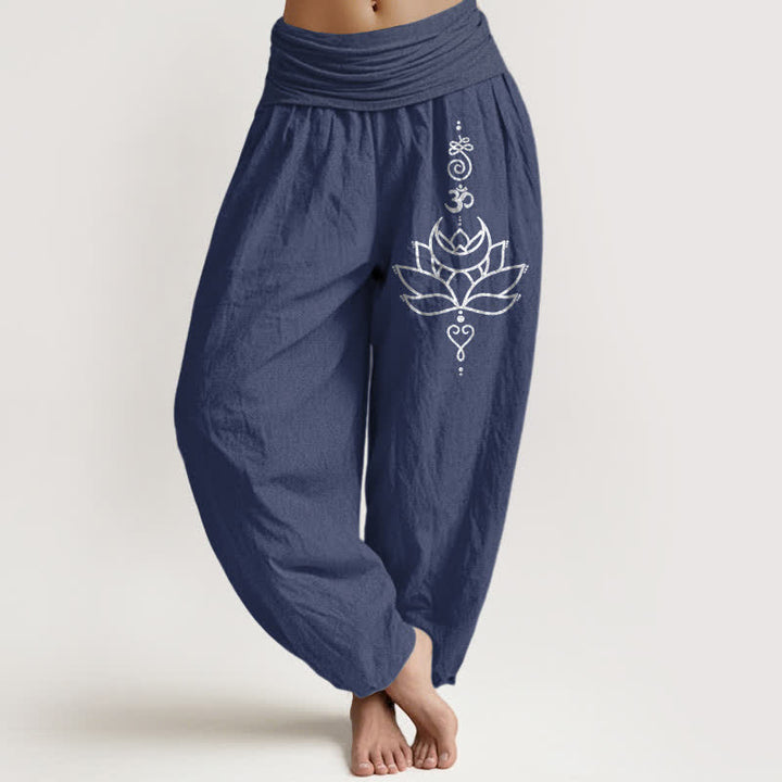 Buddha Stones Pantalon harem pour femme en pur coton à motif lotus et taille élastique - Bleu ardoise foncé - US16，UK/AU20，EU48 (3XL) - image 0