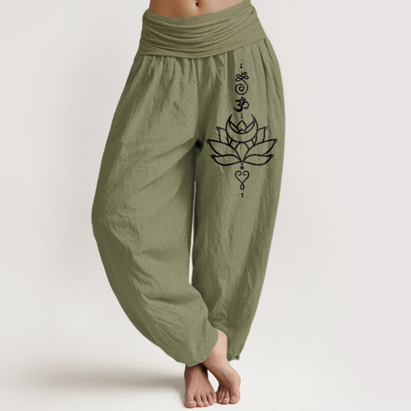 Buddha Stones Pantalon harem pour femme en pur coton à motif lotus et taille élastique - Vert olive - US16，UK/AU20，EU48 (3XL) - image 14