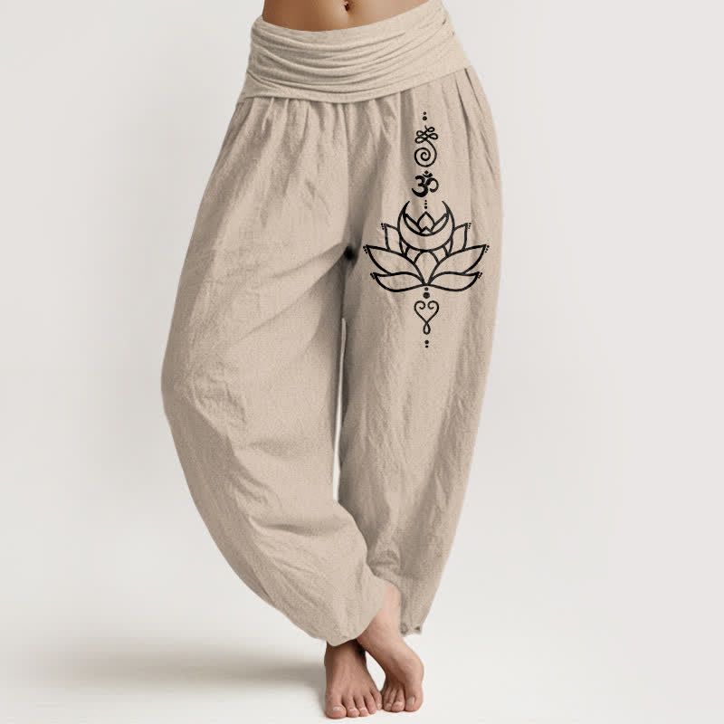 Buddha Stones Pantalon harem pour femme en pur coton à motif lotus et taille élastique - Tanné - US16，UK/AU20，EU48 (3XL) - image 11