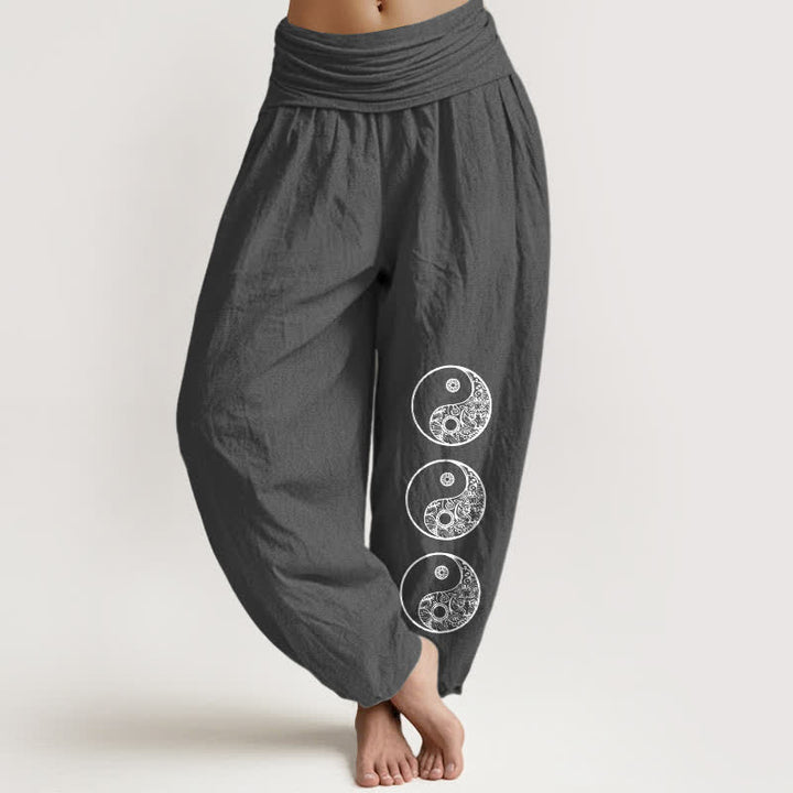 Buddha Stones Pantalon harem pour femme en pur coton à motif Yin Yang et taille élastique - Gris sombre - US16，UK/AU20，EU48 (3XL) - image 8