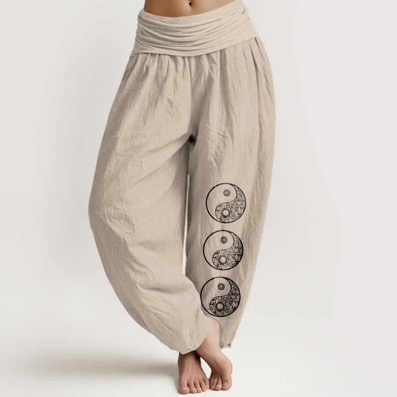 Buddha Stones Pantalon harem pour femme en pur coton à motif Yin Yang et taille élastique - Tanné - US16，UK/AU20，EU48 (3XL) - image 11