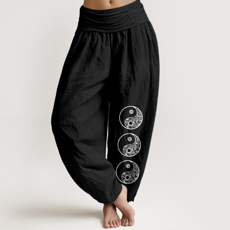 Buddha Stones Pantalon harem pour femme en pur coton à motif Yin Yang et taille élastique - Noir - US16，UK/AU20，EU48 (3XL) - image 0