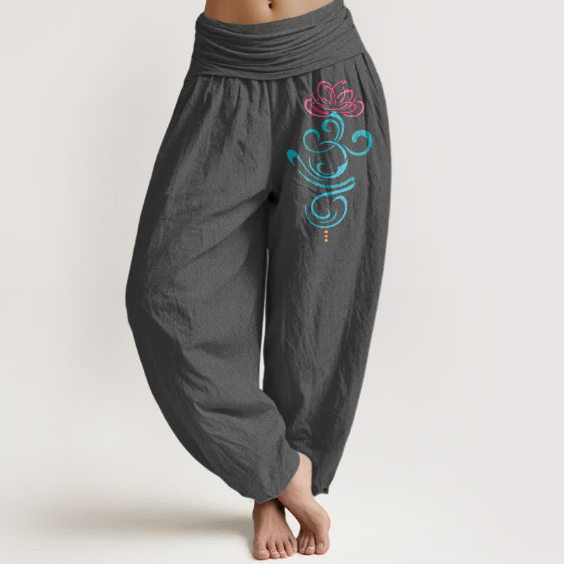 Buddha Stones Pantalon harem femme en pur coton rose foncé à motif tourbillon lotus bleu et bleu, taille élastique - Gris terne - US16，UK/AU20，EU48 (3XL) - image 8