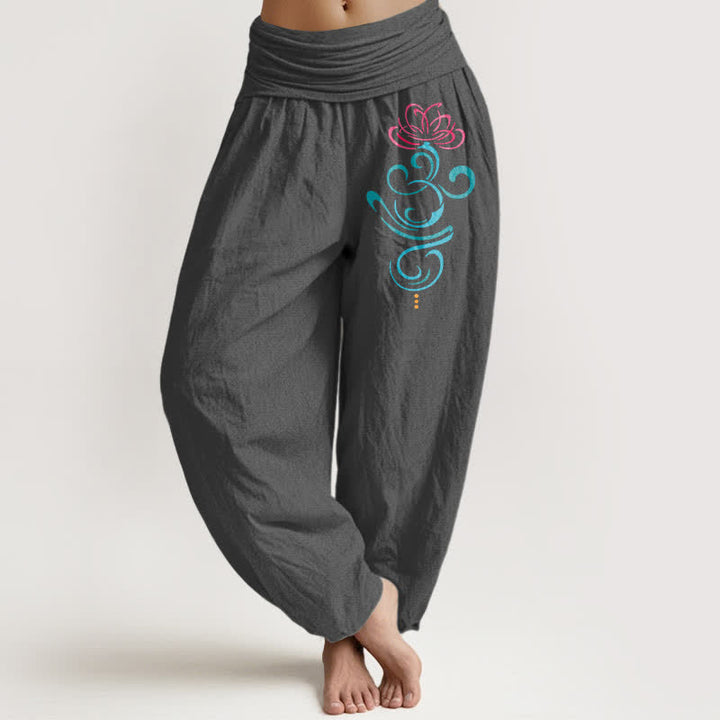Buddha Stones Pantalon harem femme en pur coton rose foncé à motif tourbillon lotus bleu et bleu, taille élastique - Gris terne - US16，UK/AU20，EU48 (3XL) - image 8