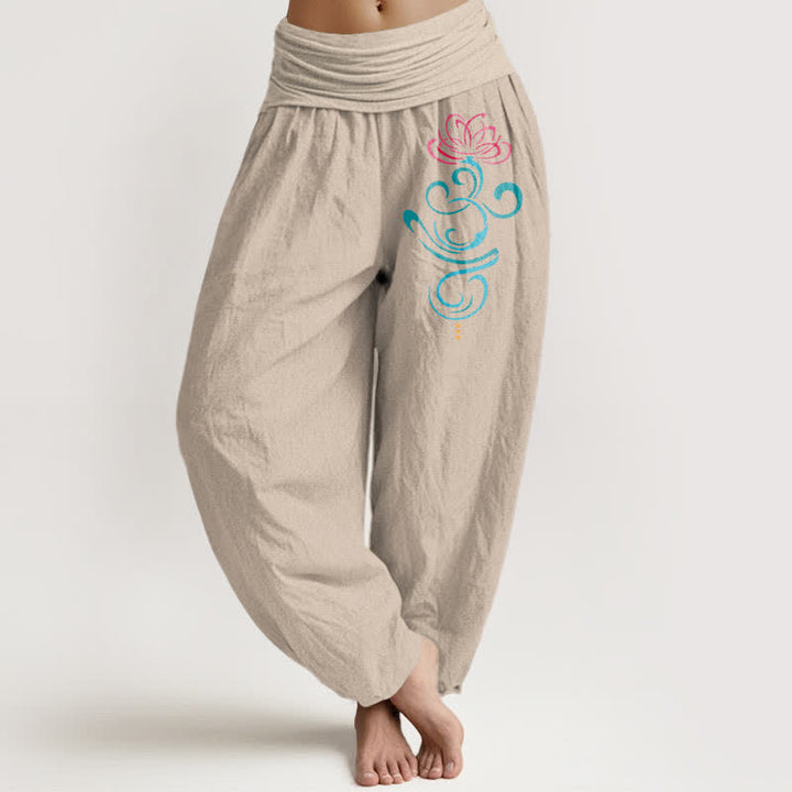 Buddha Stones Pantalon harem femme en pur coton rose foncé à motif tourbillon lotus bleu et bleu, taille élastique - Tanné - US16，UK/AU20，EU48 (3XL) - image 11