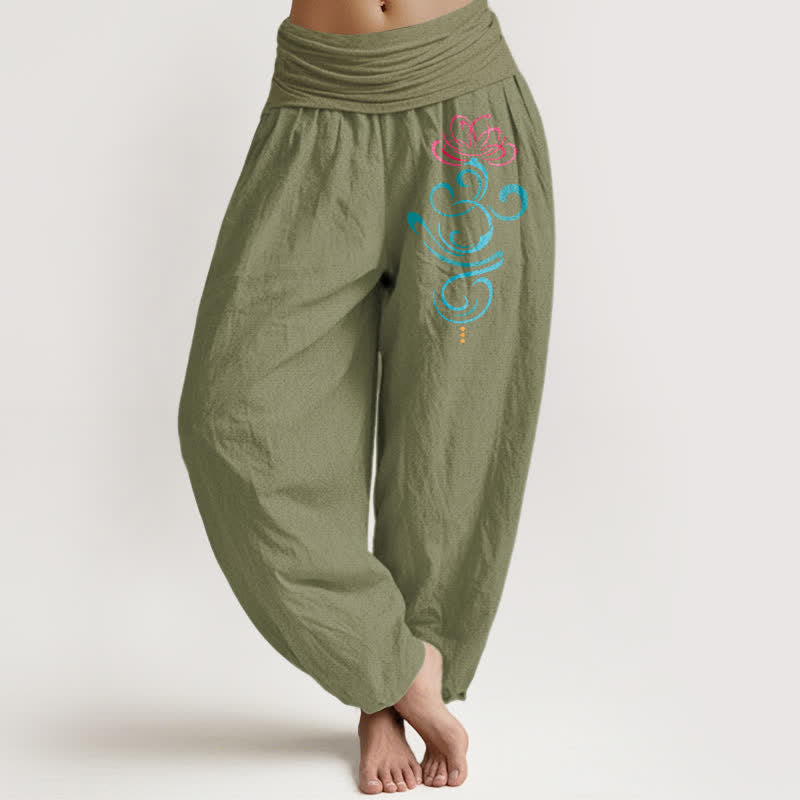 Buddha Stones Pantalon harem femme en pur coton rose foncé à motif tourbillon lotus bleu et bleu, taille élastique - Vert olive - US16，UK/AU20，EU48 (3XL) - image 14