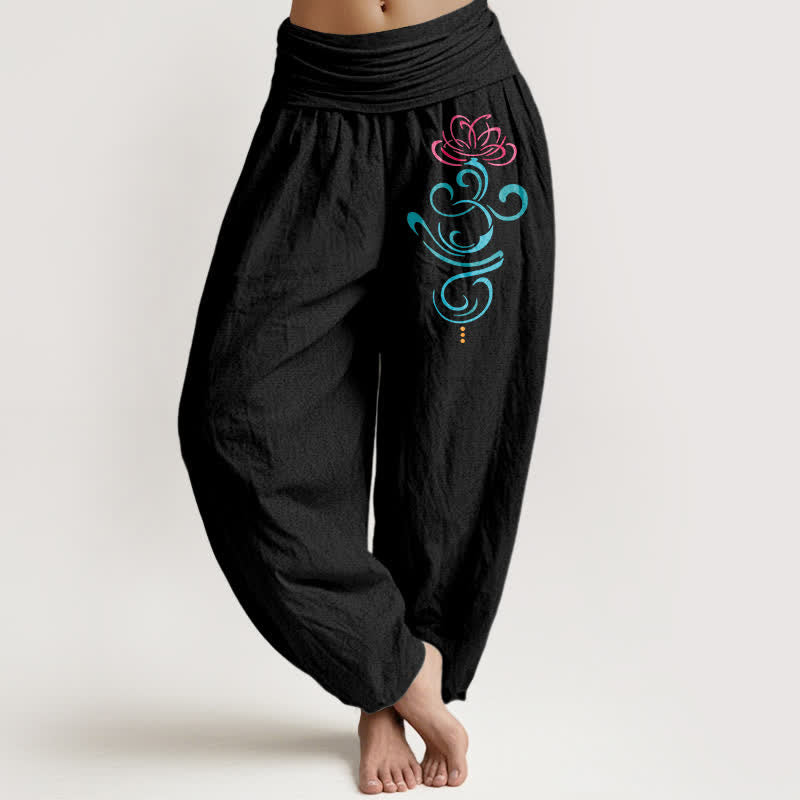 Buddha Stones Pantalon harem femme en pur coton rose foncé à motif tourbillon lotus bleu et bleu, taille élastique - Noir - US16，UK/AU20，EU48 (3XL) - image 0