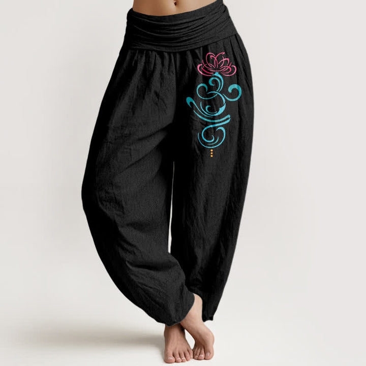 Buddha Stones Pantalon harem femme en pur coton rose foncé à motif tourbillon lotus bleu et bleu, taille élastique - Noir - US16，UK/AU20，EU48 (3XL) - image 0