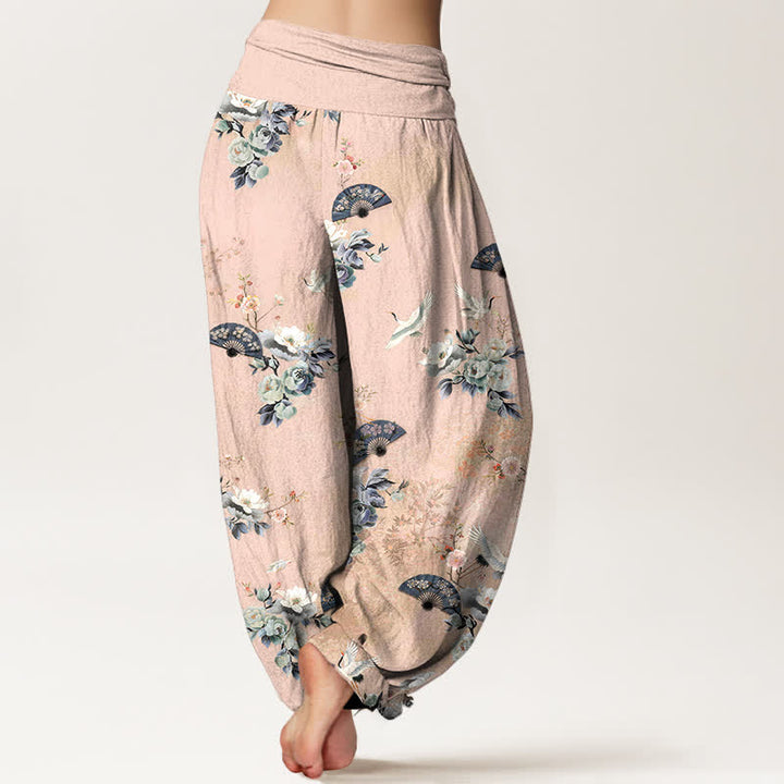 Buddha Stones Pantalon harem à taille élastique pour femme, motif floral et éventail de grues en coton - image 1