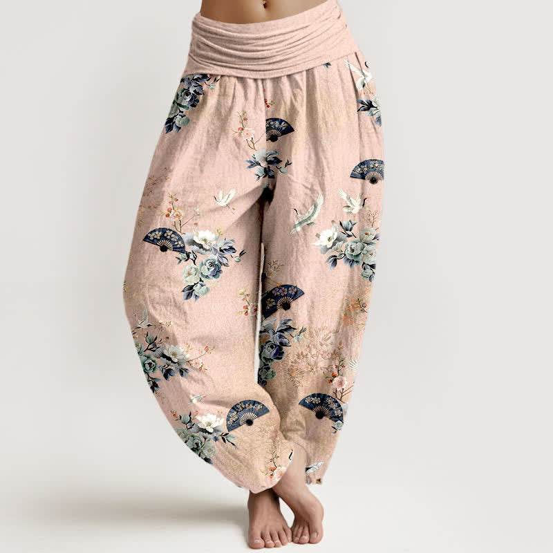 Buddha Stones Pantalon harem à taille élastique pour femme, motif floral et éventail de grues en coton - MistyRose - US16，UK/AU20，EU48 (3XL) - image 0