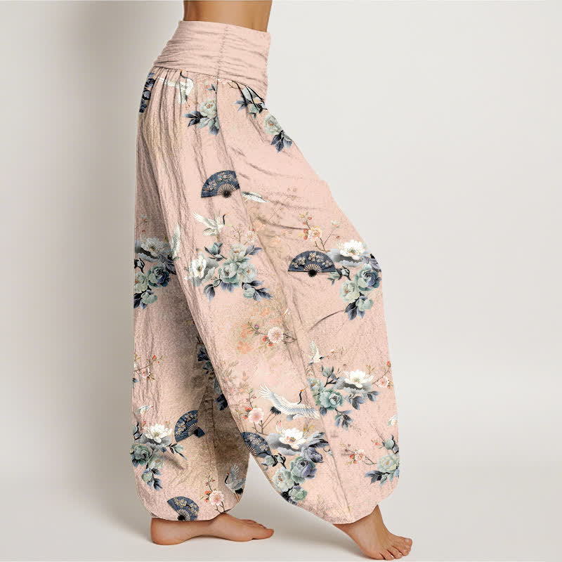 Buddha Stones Pantalon harem à taille élastique pour femme, motif floral et éventail de grues en coton - image 2