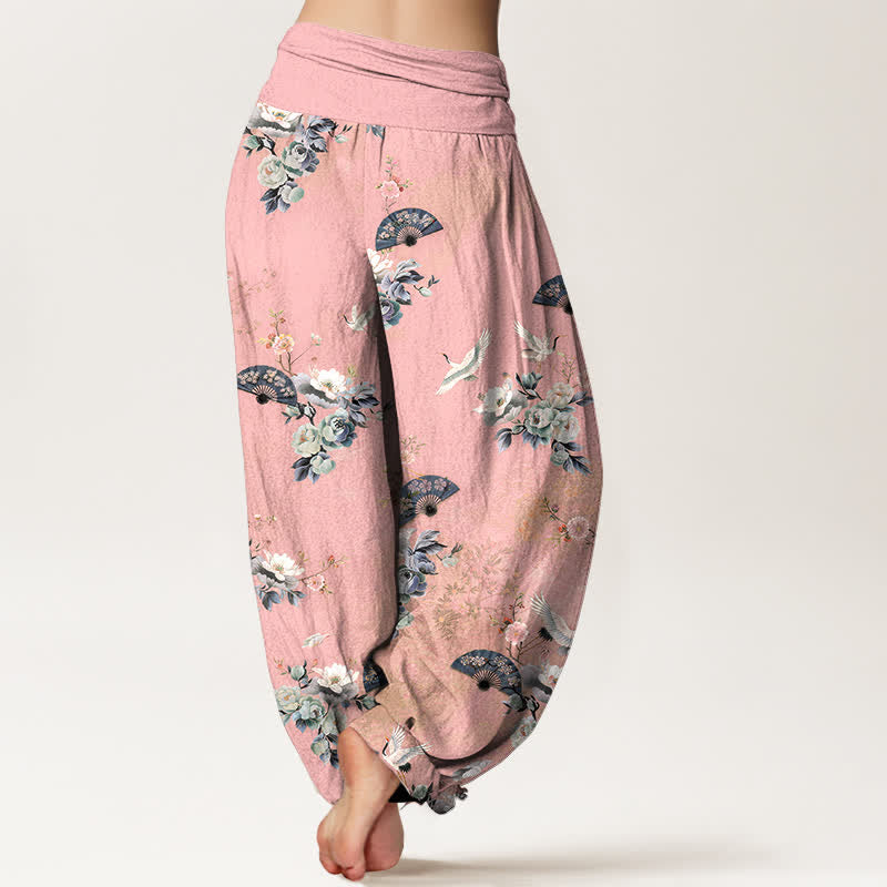 Buddha Stones Pantalon harem à taille élastique pour femme, motif floral et éventail de grues en coton - image 6