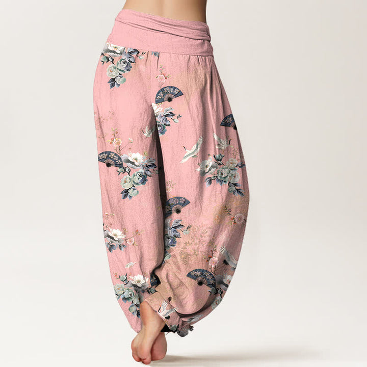 Buddha Stones Pantalon harem à taille élastique pour femme, motif floral et éventail de grues en coton - image 6