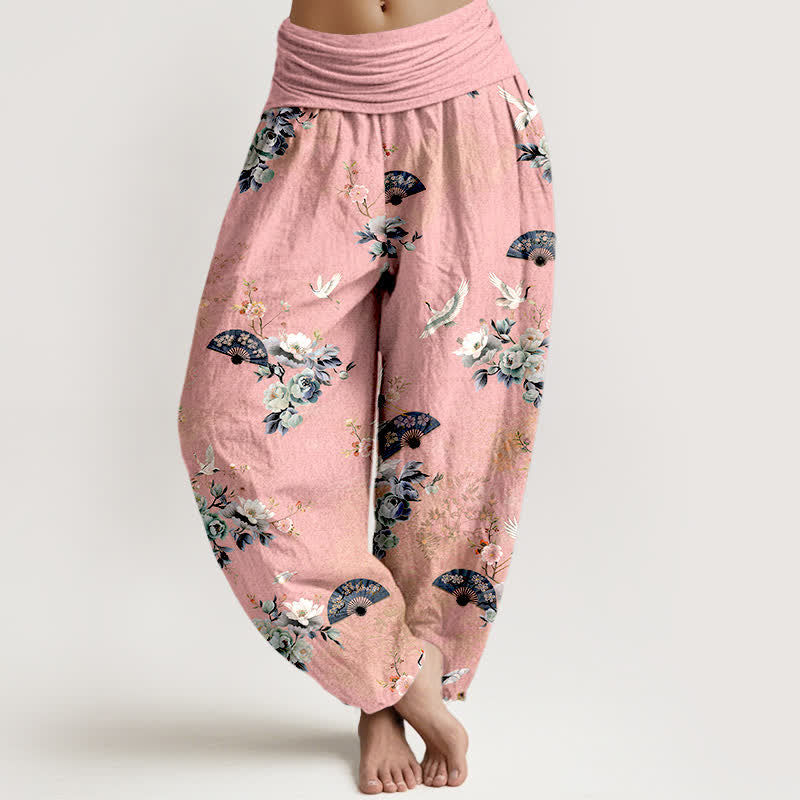 Buddha Stones Pantalon harem à taille élastique pour femme, motif floral et éventail de grues en coton - Rose - US16，UK/AU20，EU48 (3XL) - image 5