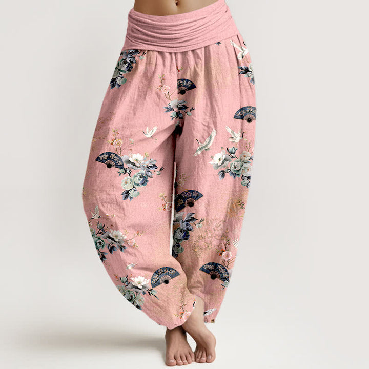 Buddha Stones Pantalon harem à taille élastique pour femme, motif floral et éventail de grues en coton - Rose - US16，UK/AU20，EU48 (3XL) - image 5