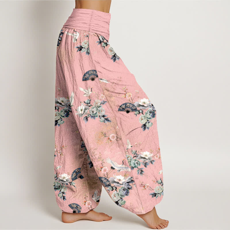 Buddha Stones Pantalon harem à taille élastique pour femme, motif floral et éventail de grues en coton - image 7