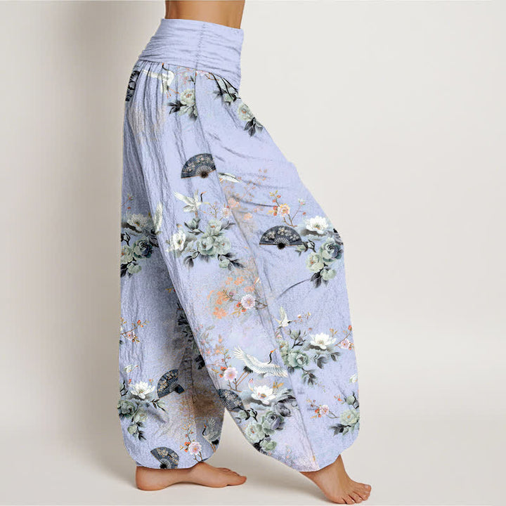 Buddha Stones Pantalon harem à taille élastique pour femme, motif floral et éventail de grues en coton - image 10