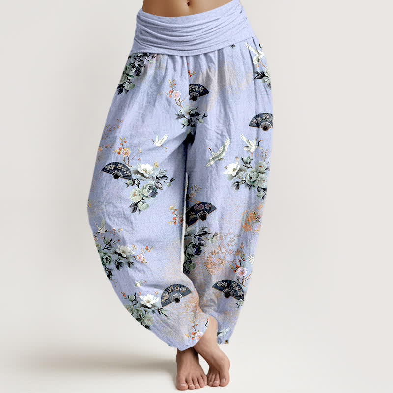 Buddha Stones Pantalon harem à taille élastique pour femme, motif floral et éventail de grues en coton - Lavande - US16，UK/AU20，EU48 (3XL) - image 8