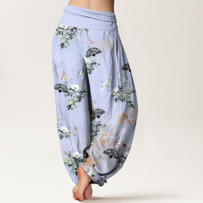 Buddha Stones Pantalon harem à taille élastique pour femme, motif floral et éventail de grues en coton - image 9