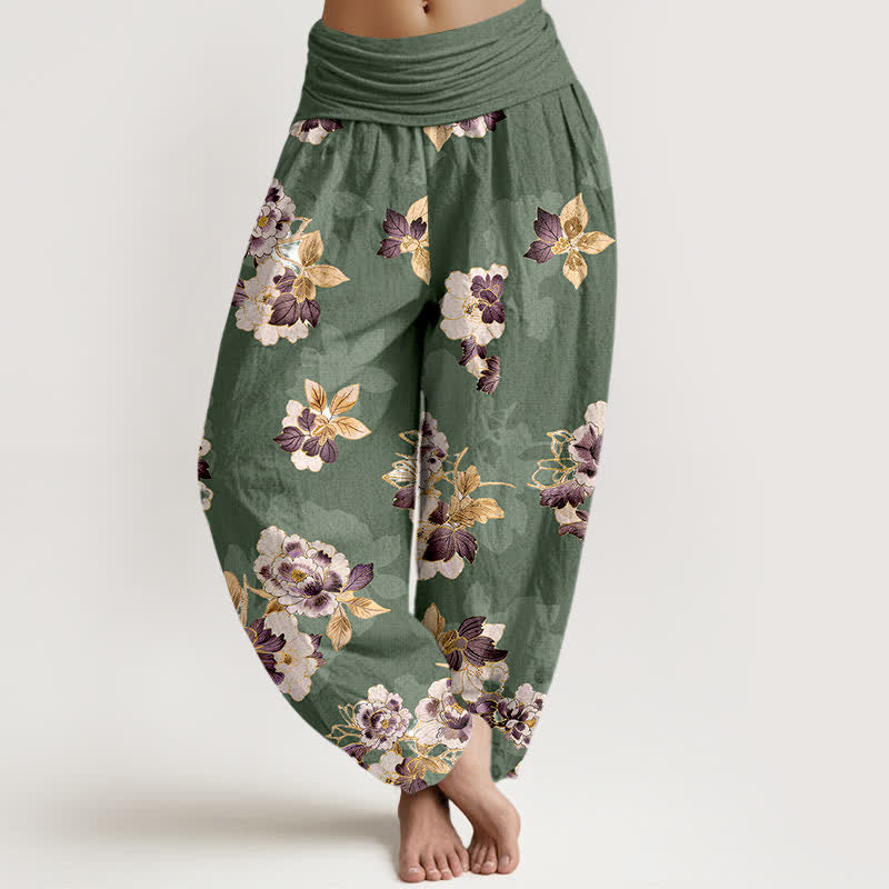 Buddha Stones Pantalon harem pour femme en pur coton à motif floral vintage et taille élastique - Vert olive - US16，UK/AU20，EU48 (3XL) - image 0