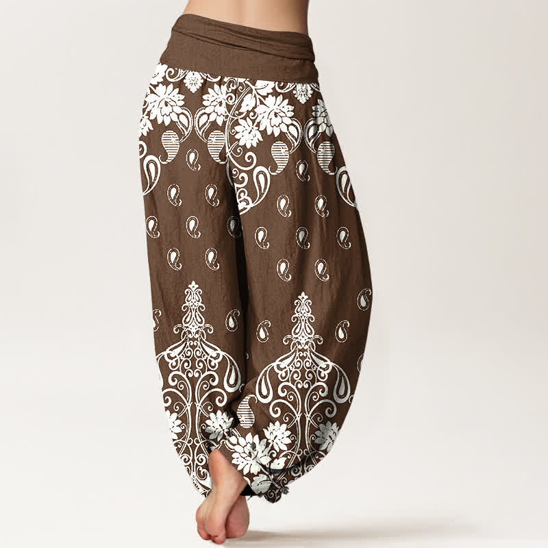 Buddha Stones Pantalon harem pour femme en pur coton blanc à motif floral cachemire et taille élastique - image 1