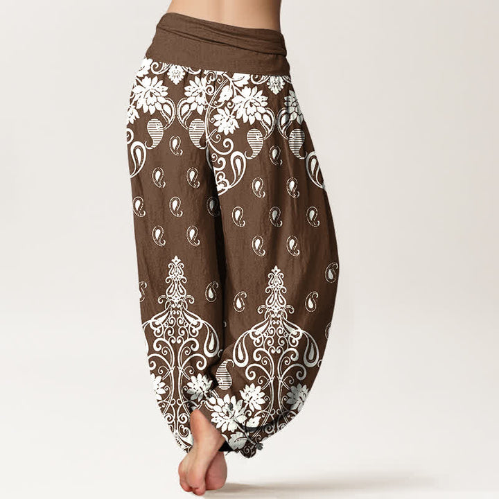 Buddha Stones Pantalon harem pour femme en pur coton blanc à motif floral cachemire et taille élastique - image 1