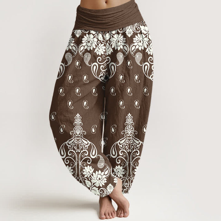 Buddha Stones Pantalon harem pour femme en pur coton blanc à motif floral cachemire et taille élastique - SaddleBrown - US16，UK/AU20，EU48 (3XL) - image 0