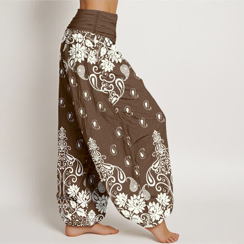 Buddha Stones Pantalon harem pour femme en pur coton blanc à motif floral cachemire et taille élastique - image 2