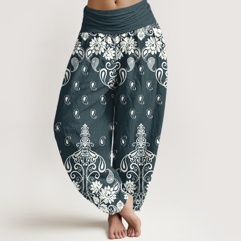 Buddha Stones Pantalon harem pour femme en pur coton blanc à motif floral cachemire et taille élastique - DarkCyan - US16，UK/AU20，EU48 (3XL) - image 5