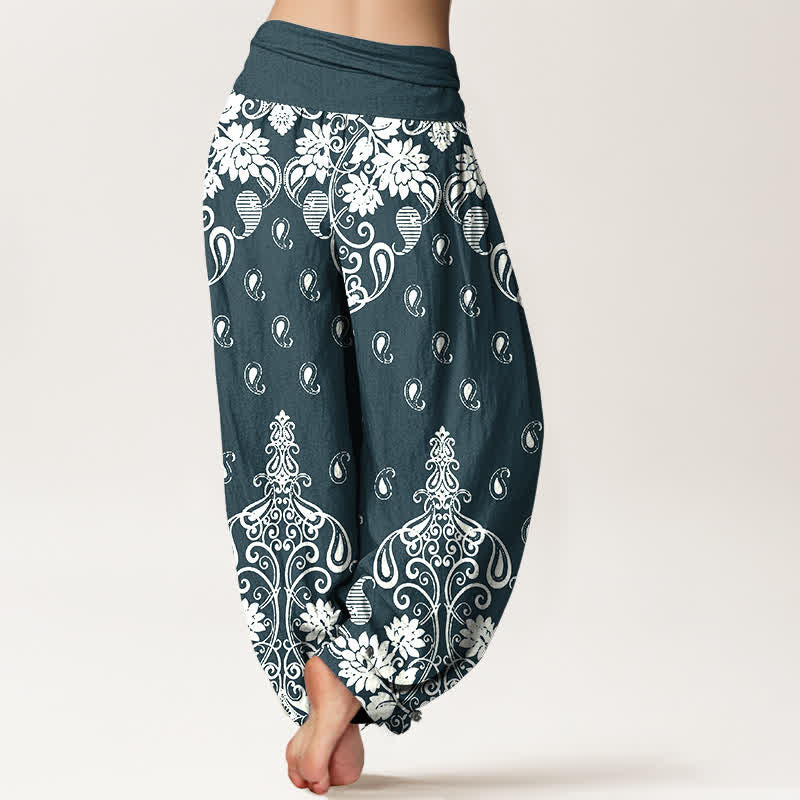 Buddha Stones Pantalon harem pour femme en pur coton blanc à motif floral cachemire et taille élastique - image 6